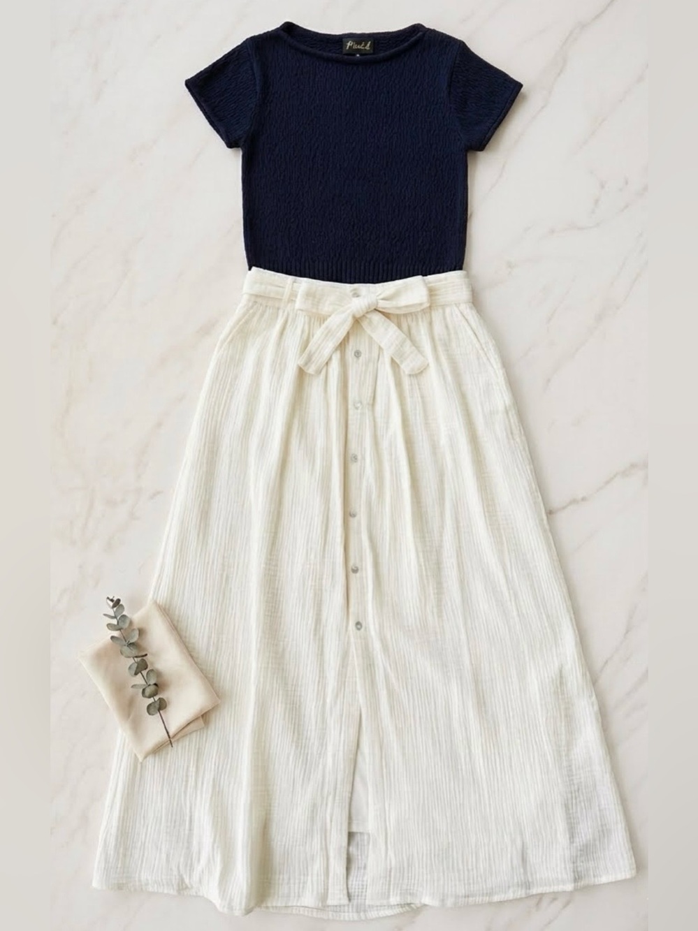 Marled Navy Short Sleeve Knit Top Cream Muslin Cotton Button-Down Maxi Skirt Set